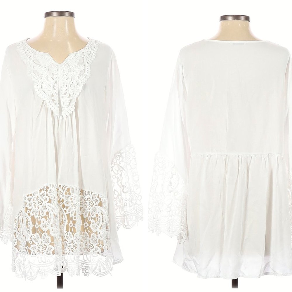 Meaneor Embroidered Crochet Detail White Tunic Top